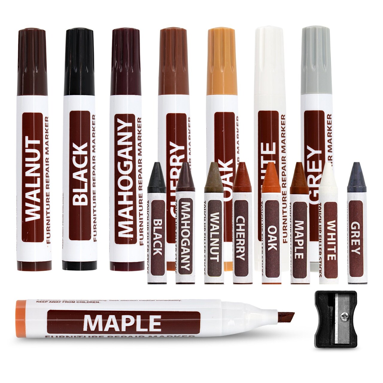 RamPro Furniture Touch Up Markers & Crayons Repair Kit, 17 Pcs – 8 Felt Tip Markers & 8 Wax Crayons in Black, Maple, Oak, Cherry, Walnut, Mahogany